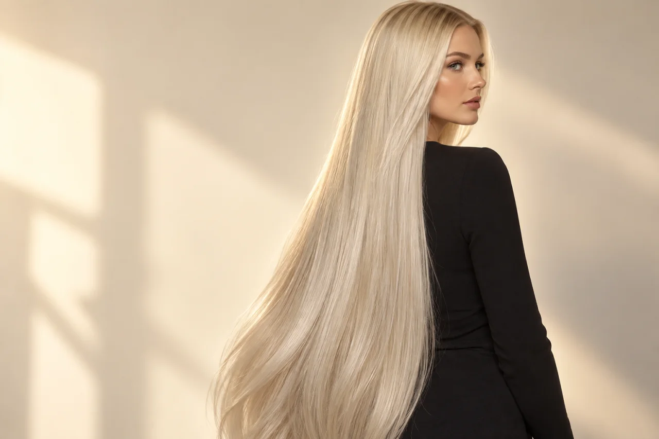 Extensão platinum blonde, muito longa e lisa